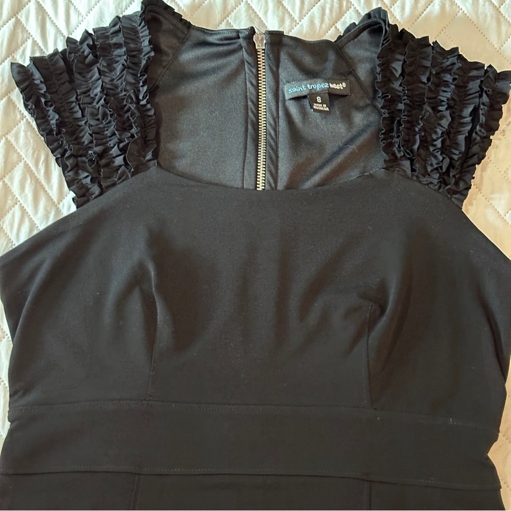 Saint Tropez West Black Ruffle Sleeve Sheath Size 8 Minimalist Quiet Luxury LBD - Picture 12 of 16